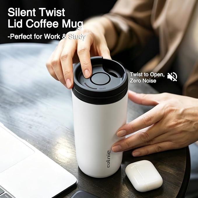 16 oz Travel Coffee Mug with Twist-Open Lid, Leak Proof Coffee Travel Mug, Insulated Tumbler Stainless Steel Coffee Cup For Hot And Iced Cold, Spill Proof Fits Cup Holder (White) - Image 3