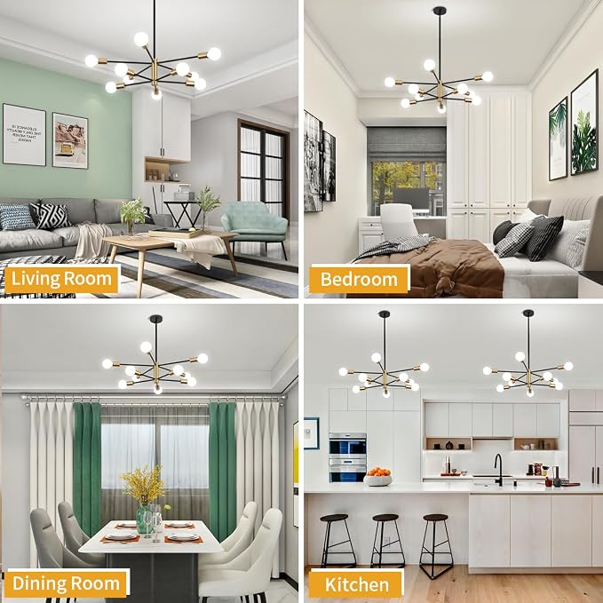 10-Light Modern Chandelier Sputnik Light Fixtures, Mid Century Chandelier Dining Room Light, Black and Gold Ceiling Lights Chandeliers for Bedroom Living Room Kitchen - Image 4