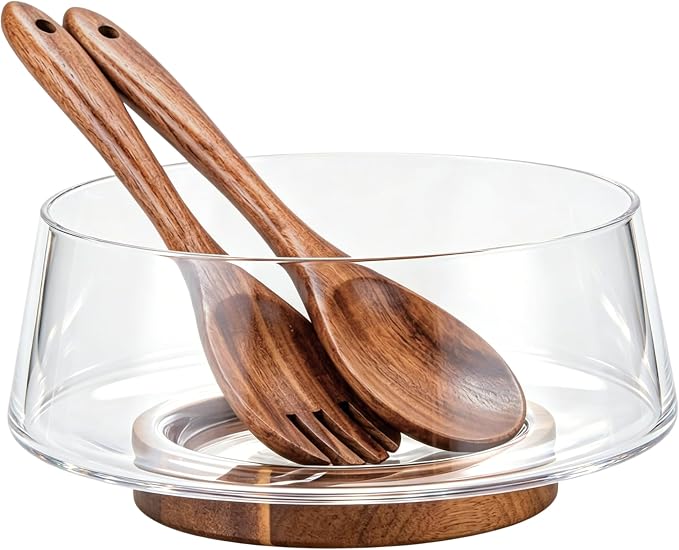 muso wood Salad Bowl Set Large-capacity Glass Salad Bowl with Acacia Wood Base and Salad Spoon-fork Perfect for Family Gatherings and Dinner Parties Mix Effortlessly by Musowood