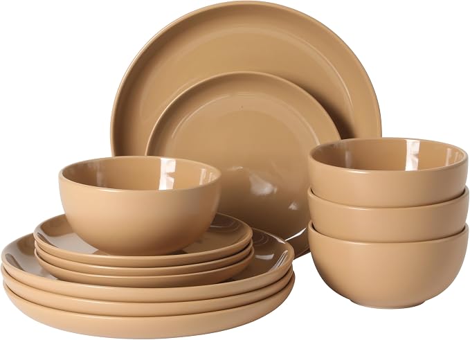 Gibson Home Rockaway 12-Piece Round Stoneware Dinnerware Set, Service for 4 – Beige Plates and Bowls, Modern Matte Finish, Microwave & Dishwasher Safe by GibsonHomewares