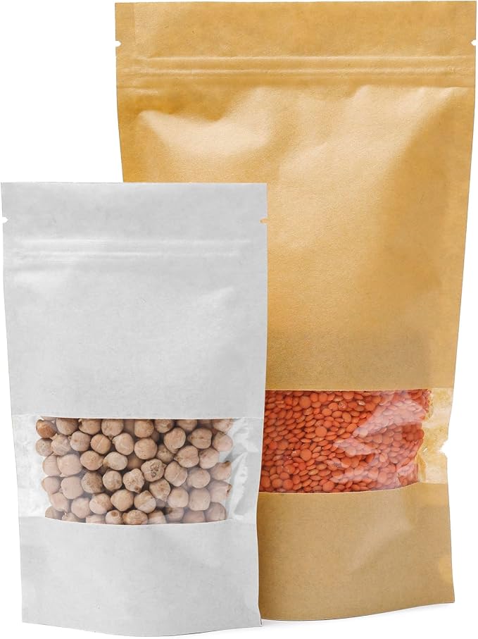 DiRose White Kraft Stand Up Pouches with Window, Reclosable Food Storage Bags, Heat Sealable Stand Up Pouch for Coffee, Candy, Nuts, Tea, Spices – 2 oz (100 Pack) - Image 2