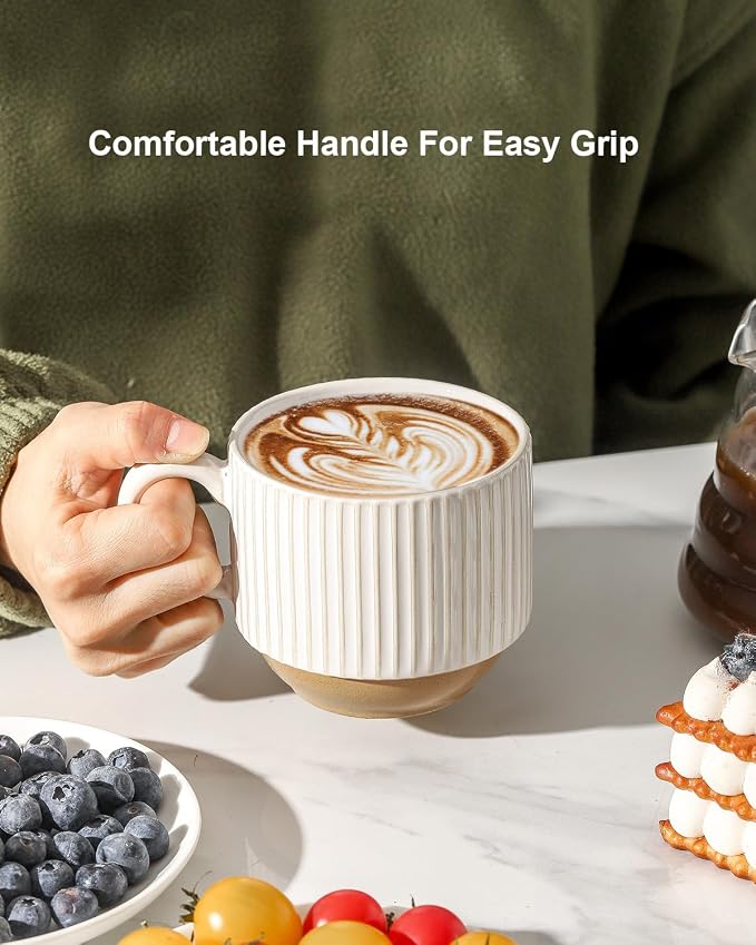 HASENSE 15 oz Ribbed Stackable Ceramic Coffee Mug Set of 4, White & Light Brown Cups with Metal Holder, Dishwasher & Microwave Safe for Cappuccino Tea Hot Cocoa, Wedding Housewarming Gifts - Image 6