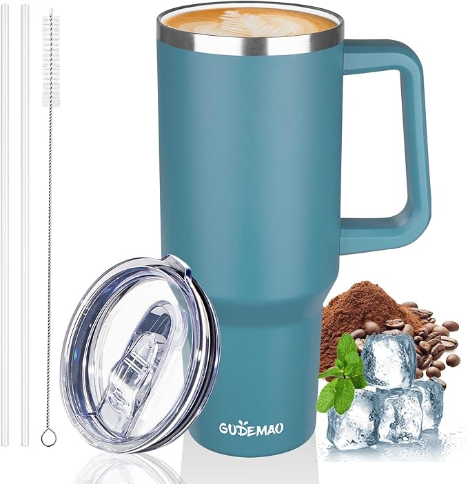 40 oz Insulated Coffee Mug with Ceramic Coating, Stainless Steel Travel Coffee Tumbler with Handle Lid and Straw, Double Wall Leak-Proof Coffee Travel Mug Keeps Drink Hot and Cold (Lake Green) by GUDEMAO
