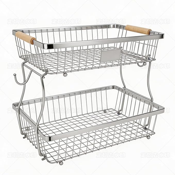 Fruit Basket Bowl 2 Tier Detachable with 2 Banana Hangers, Fruit Stand Holder for Kitchen Countertop, Metal Wire Vegetable Storage Organizer, for Bread Snack Veggies Produce, Chrome by Lawhood-Mijin