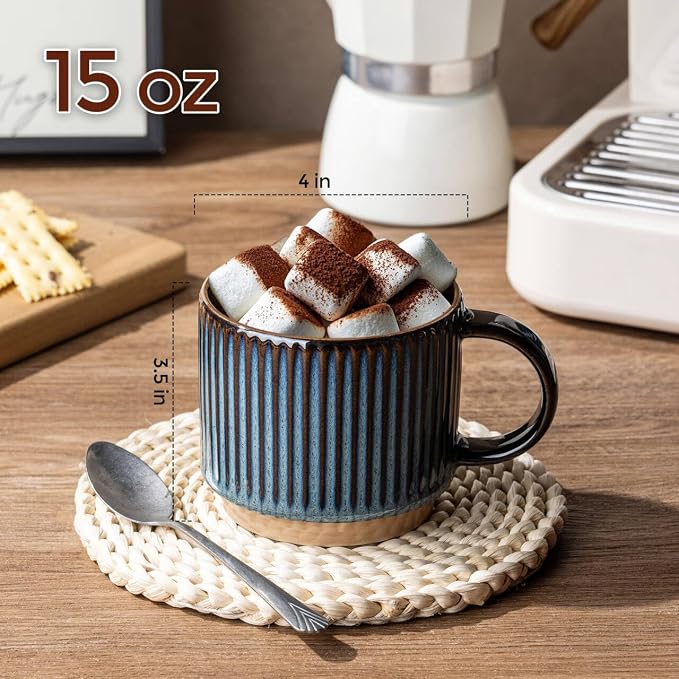 GBhome 15 OZ Stackable Coffee Mugs Set of 4, Ceramic Coffee Cups Set | 4 Assorted Designs, Embossed Mugs with Texture Patterns for Tea/Coffee, Dishwasher&Microwave Safe, Deep Sea - Image 3
