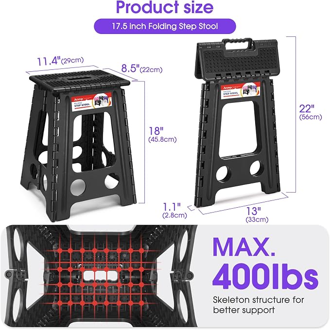 ACSTEP 17.5 Inch Heavy Duty Folding Step Stool, 400 lbs, Dot Black | Collapsible Stepping Stool for Adults with Handle and Non-Slip Surface, for Kitchen, Garage, Bedroom and Outdoor Tasks - Image 2
