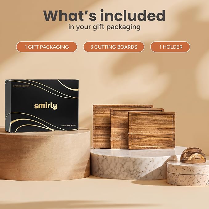 SMIRLY Cutting Boards for Kitchen, 3 Piece Acacia Cutting Board with Stand | Non Toxic Cutting Board with Juice Grooves and Handles, Multiple Sizes Wood Chopping Board for Meat Vegetable Charcuterie - Image 8