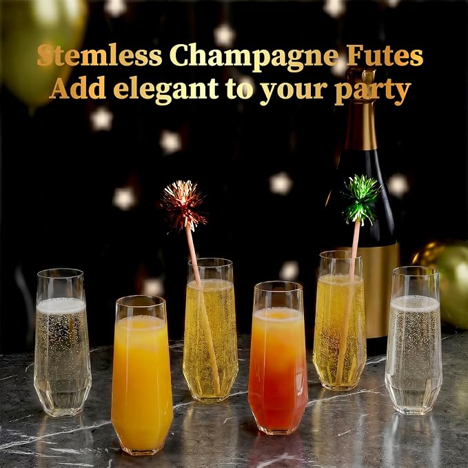 GuanQiao 12 Pack Stemless Plastic Champagne Flutes, 9oz Diamond Disposable Champagne Glasses, Heavy Duty Shatterproof Mimosa Glasses for Wine Tasting, Wedding, Bridal Shower, Party Supplies, Birthday - Image 5