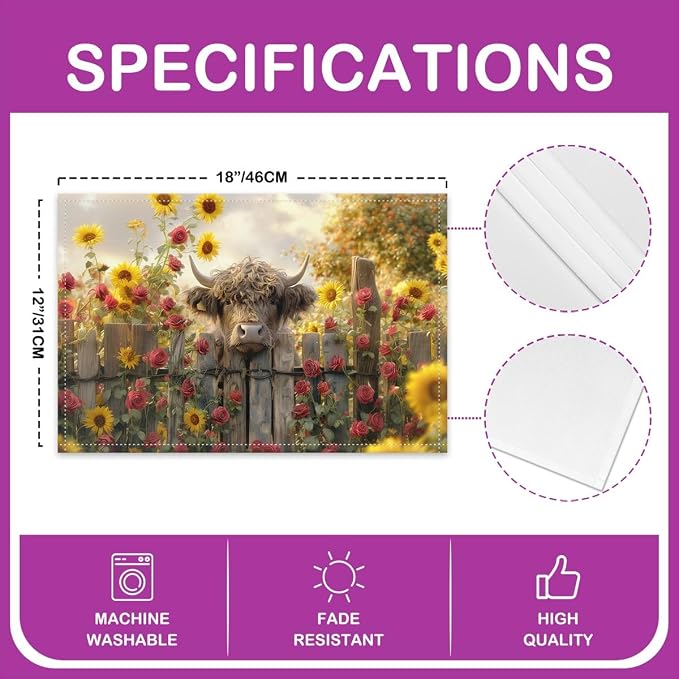 Feelyou Highland Cow Table Mats Placemat 12"x18" Highland Cattle Placemats Set of 4 Decor Animal Placemats for Dining Table Indoor Outdoor Kitchen Western Decor Decor Table Place Mats Rose - Image 4