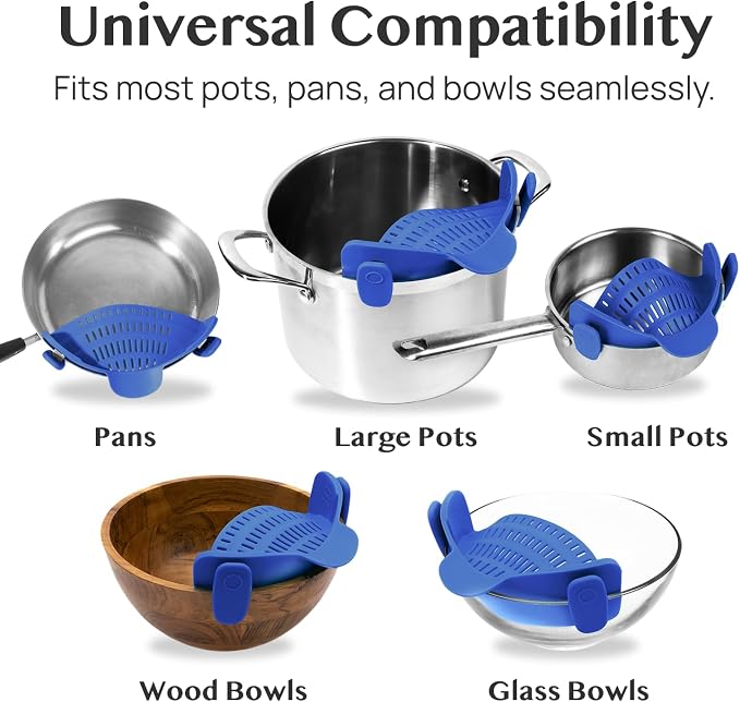 Kitchen Gizmo Snap N' Strain - Silicone Clip-On Strainer for Pots, Pans, and Bowls - Heat-Resistant Kitchen Gadgets, Essential Colander Drainer for Vegetables and Pasta - 7.87x2.76x4.53-Inch (Blue) - Image 6