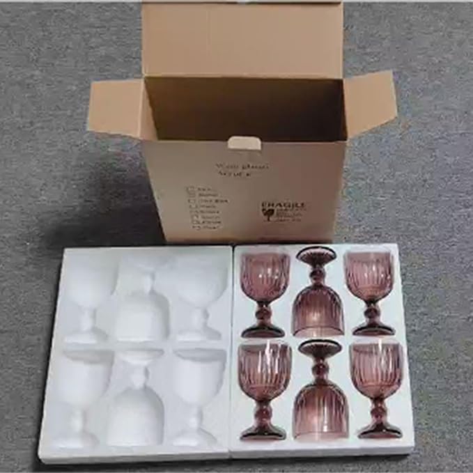 Taganov Purple Glasses Drinking set of 6 Colored Wine Water Stemware Pink Goblets Glassware 11 oz for Wedding Party Bar Vertical Embossed Pattern Stemmed Cups 330 ml - Image 8