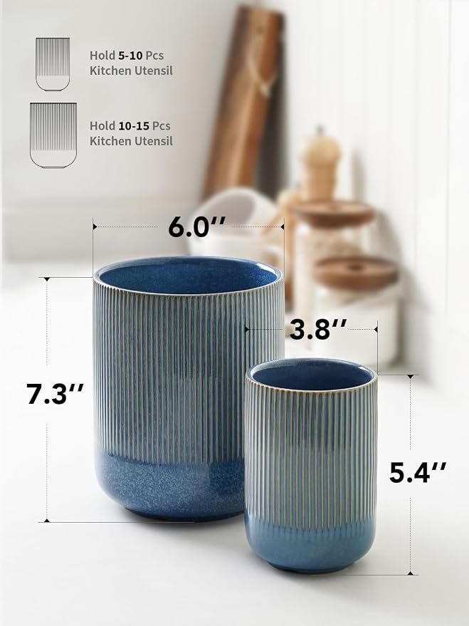 LE TAUCI Utensil Holder for Kitchen Counter, 7.3"+5.4" Fluted Ceramic Utensil Crock Organizer for Countertop, Heavy Large Holder for Spatulas, Spoons, Set of 2, Blue Marble - Image 6