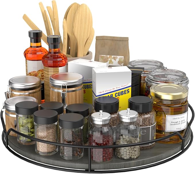 Lazy Susan Turntable Organizer with Anti-Slip Mat for Cabinet Pantry Kitchen Countertop Refrigerator Office, Pine Wood, 12", Grey… by AXTEE