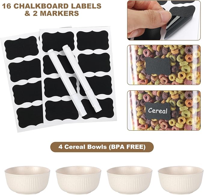 Cereal Dispenser Countertop with Cereal Bowls,16 Labels & Pen, Cereal Containers Storage, Candy Dispenser, Dry Food Dispenser For Pantry - Not Easy to Crush Food (Black, 2 Pack) - Image 6