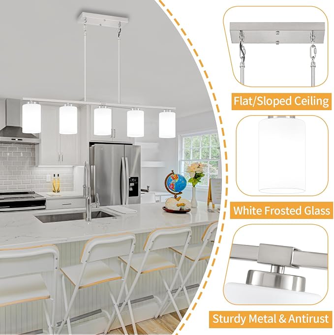 5-Light Kitchen Island Lighting Brushed Nickel Dining Room Light Fixtures | Modern Linear Chandelier Over Table, Adjustable Kitchen Lighting Fixtures Over Island with White Frosted Glass - Image 5