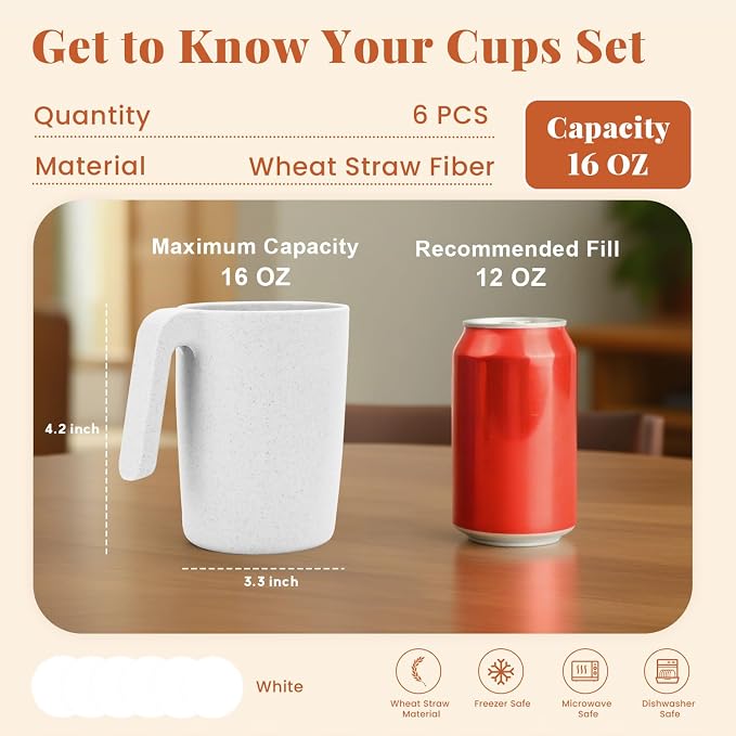 Homienly Coffee Mug Set - Wheat Straw Cups, Alternative to Plastic Coffee Cups Reusable | Unbreakable for Hot Chocolate, Tea, & Coffee | Microwave Safe, Dishwasher Safe Drinking Cups (White) - Image 2