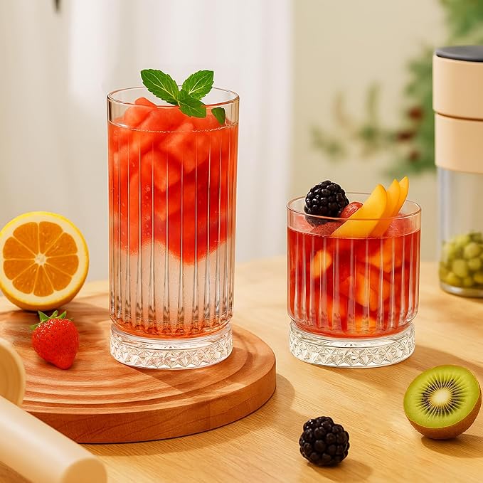 Ruckae Drinking Glasses Set of 8,15 oz and 7 oz Kitchen Water Glass Cups Set,Clear Ribbed Glassware Dishwasher Safe,Mixed Drinkware for Beer,Juice,Cocktail,Whiskey,Milk and Various Mixed Drinks - Image 2