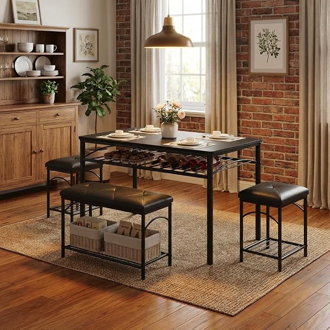 GarveeHome Dining Table Set for 4 with Upholstered Benches and 2 Stools, Modern Space Saving Kitchen Breakfast Table, Ideal for Small Kitchens, Apartments, Studios, and Compact Living Spaces - Image 9