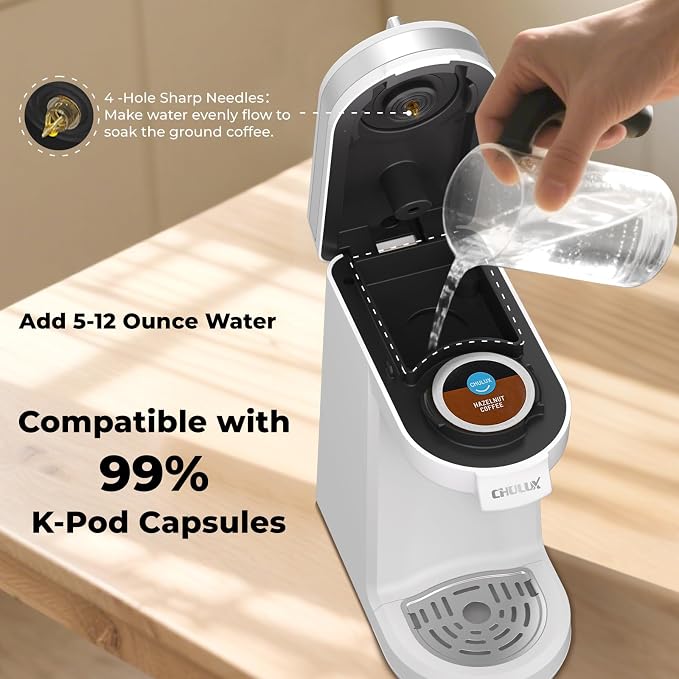 CHULUX Mini Single Serve Coffee Maker, Portable Pod Coffee Machine, White | Fast-Heating Boiler System, Single Cup Brewing, Portable Compact Design, Four-Hole Multi-Stream Needle, Adjustable Drip Tray - Image 3