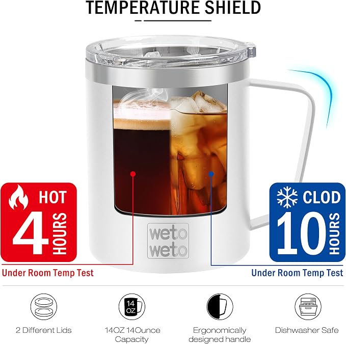 WETOWETO 14 oz Coffee Mug, Vacuum Insulated Camping Mug with Lid, Double Wall Stainless Steel Travel Tumbler Cup, Coffee Mugs Outdoor, Powder Coated White - Image 4