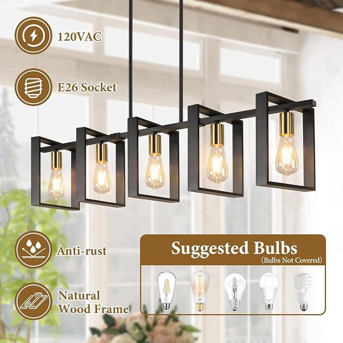5-Light Black Gold Dining Room Light Fixture, 53’’ Farmhouse Wood Chandelier Kitchen Island Lighting Over Table, Modern Black Rectangular Hanging Pendant Light Fixture for Living Room, E26 Sockets - Image 5