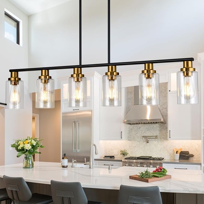 Island Light for Kitchen, 6-Light Farmhouse Dining Room Light Fixture with Clear Glass Shade, 44.3'' Matte Black and Gold Linear Chandelier Pendant Lighting for Dining Table Kitchen Living Room by KPIOK