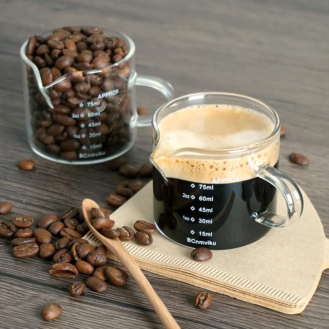 BCnmviku 2 PACK Espresso Glass Measuring Cup Triple Pitcher Milk Cup 75ML Espresso Cups with Handle Shot Glass with V-Shaped Mouth Clear Accessories Milk Frothing Pitcher (2)