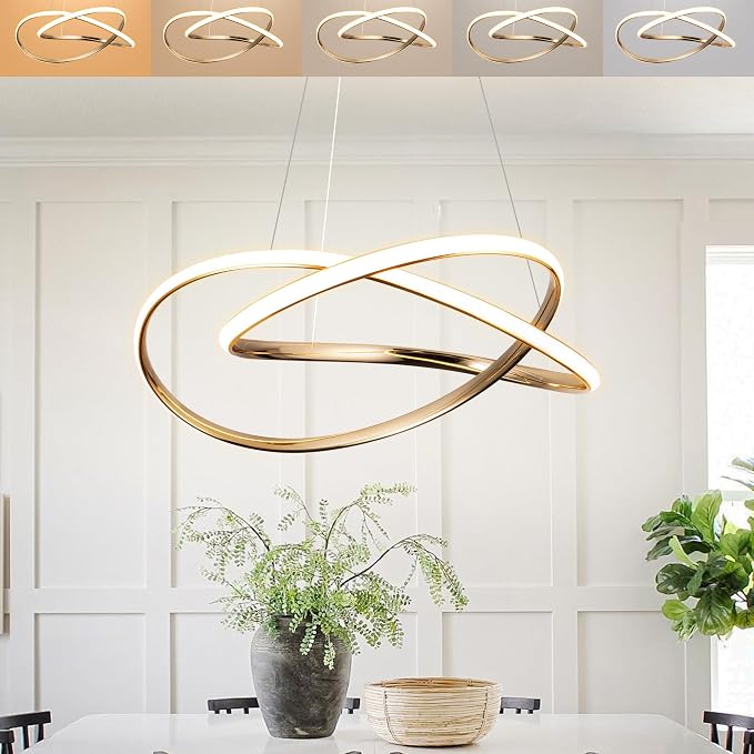 Modern LED Chandelier for Dining Room Pendant Light Fixture 40W,Gold | 5CCT/2700K-5000K,Dimmable,Bedroom,Living Room,Dining Room,Kitchen,Kids Nursery,Home Office by AJBVP5CCTLEDLighting