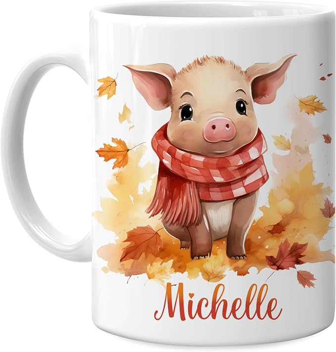 Hyturtle Personalized Fall Pig Maple Leaves Coffee Mug, Fall Autumn Décor | Birthday Gifts For Piggy Lovers - Pig Themed Gifts For Farmhouse Thanksgiving - Custom Name 11oz White Ceramic Coffee Tea Mug by Hyturtle