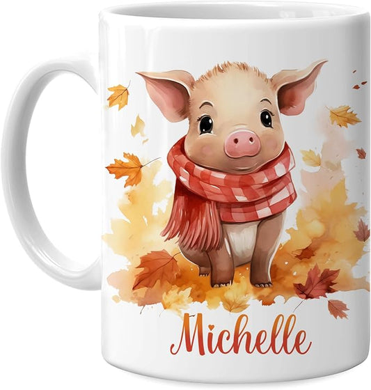 Hyturtle Personalized Fall Pig Maple Leaves Coffee Mug, Fall Autumn Décor | Birthday Gifts For Piggy Lovers - Pig Themed Gifts For Farmhouse Thanksgiving - Custom Name 11oz White Ceramic Coffee Tea Mug by Hyturtle