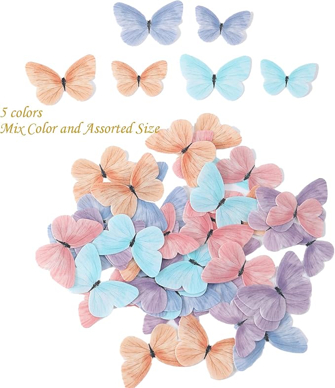 58Pcs Edible Butterflies Cake Toppers Wafer Paper Butterfly | Cupcake Decorations Colorful Small Pastel Cupcake Topper for Wedding Birthday Baby Shower Cake Decoratings(Mix Color & Size) - Image 2