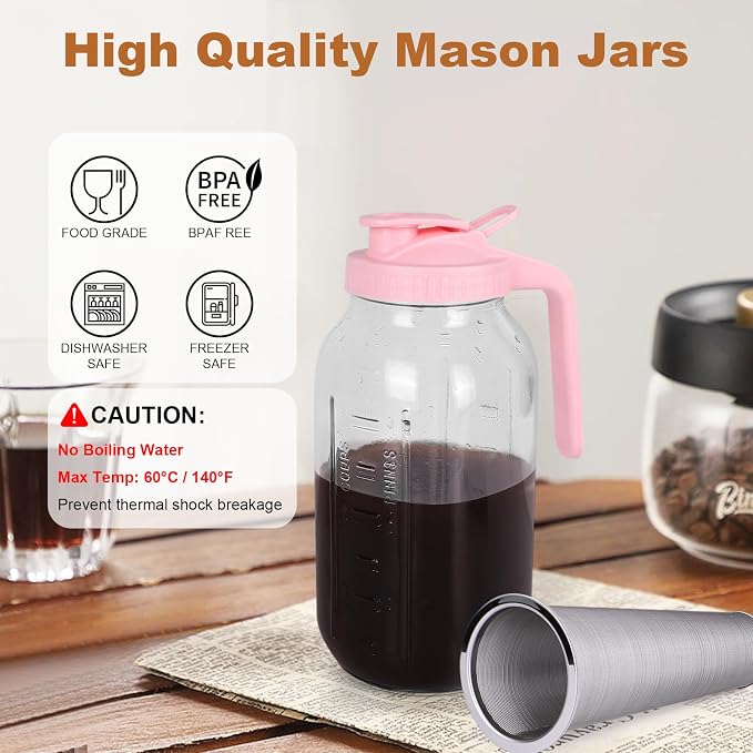 Cold Brew Coffee Maker，64 oz Wide Mouth Mason Jar Pitcher with Stainless Steel Filter, Pour Spout Handle Lid, Heavy Duty Glass Airtight & Leak-Proof for Iced Coffee & Tea Lemonade-Pink - Image 3