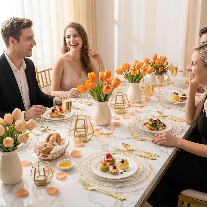 N9R 300pcs Gold Plastic Silverware Dinnerware Flatware- Heavyweight Plastic Cutlery Set, 100 Forks, 100 Spoons, 100 Knives, Gold Utensils for Party, Thanksgiving, Christmas | 100 Fancy Forks, Spoons, Knives, Heavy Duty, BPA-Free, for Party, Weddings, B... - Image 6
