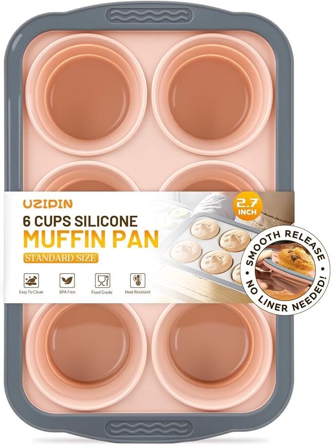 Silicone Muffin Pan, 6 Cups Non-Stick Cupcake Pan, Food-Grade BPA-Free Muffin Tin, Oven-Safe 450 °F, Reinforced Steel Frame, Easy-Grab Handles, Quick-Release 2.7" Baking Molds for Mini Treats by Unknown