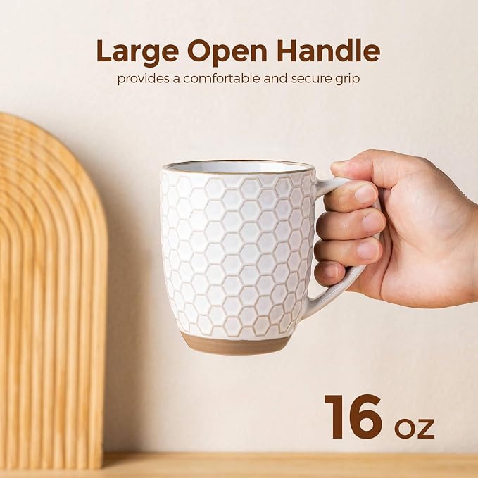 GBhome Large Coffee Mugs Set of 6, 16oz Handmade Embossed Coffee Mugs Set with Large Handle for Cappuccino/Latte/Tea/Hot Cocoa, Dishwasher & Microwave Safe, Off White - Image 3