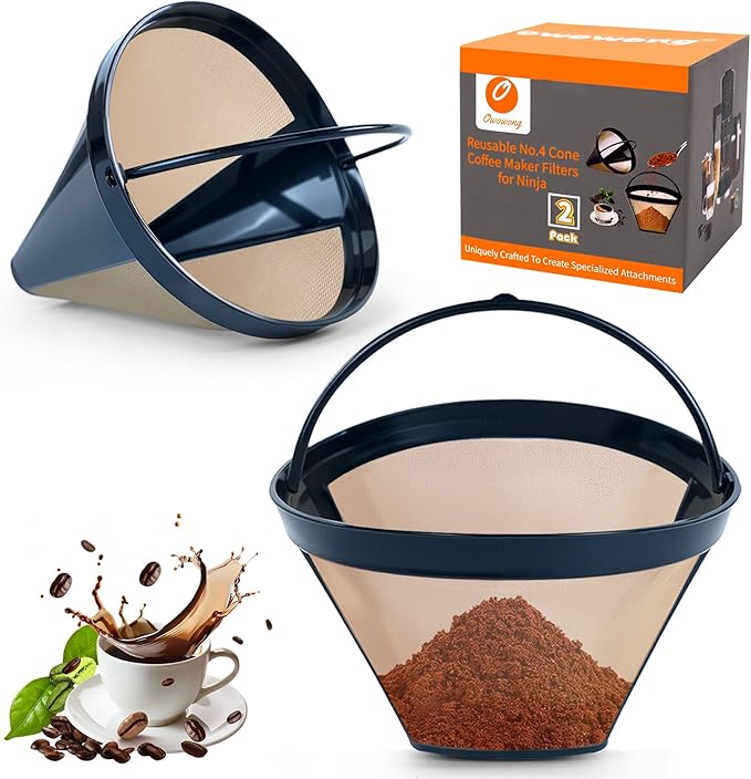 2 Pcs Reusable No.4 Cone Coffee Maker Filters for Ninja,Replacement Coffee Basket Filters, #4 Cone Permanent Stainless Steel Mesh Basket Compatible with Ninja Cuisinart Hamilton Beach Coffee Maker