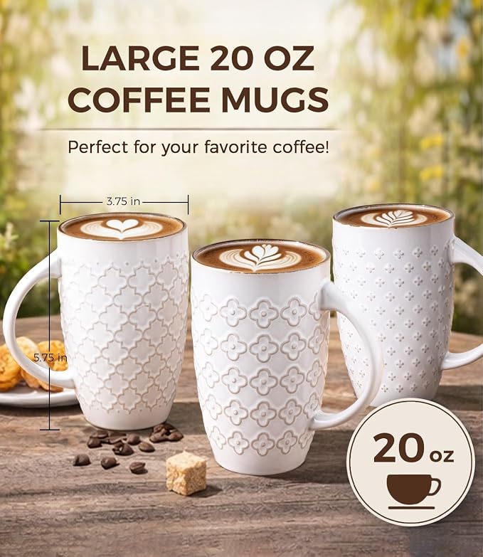 AmorArc Large Coffee Mugs Set of 4, 20oz Tall Coffee Mugs Set | with Texture Patterns for Cappuccino, Latte,Hot Cocoa, Dishwasher & Microwave Safe-Off White - Image 2