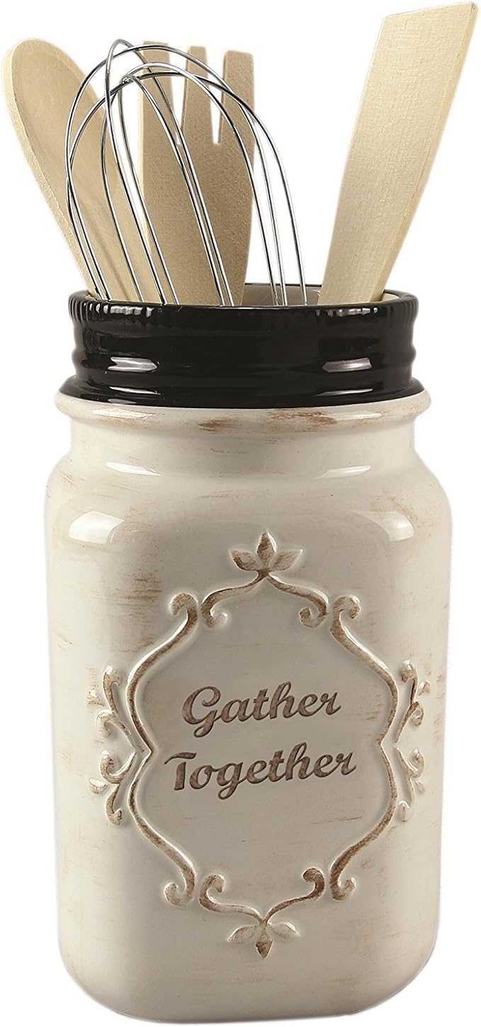 Young's Inc Farmhouse Ceramic Kitchen Tool Holder with Wooden Utensils, Decorative Gather Together Mason Jar Organizer for Kitchen Tools,10.5" by YoungsInc
