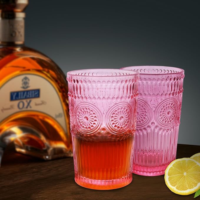 Loivttvv 6pcs Vintage Drinking Glasses Set, 12 oz Pink Highball Glasses, Embossed Ribbed Glassware Cups for Cocktail, Water, Juice, Coffee, Whiskey - Image 5