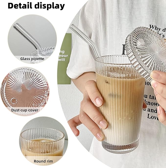 Glass Tumbler Stripe Glass Cup Coffee Cup With Lid and Straw LIDS DON'T SECURE 12.5 oz Drinking Glasses for Water,Iced Coffee,Milk,Tea,Juice (A-Stripe)