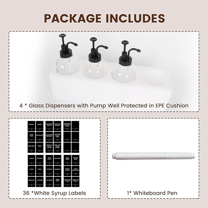 16.9oz Coffee Syrup Dispenser 4Pack- Glass Syrup Dispenser Kit for Coffee Bar Accessories for Home Coffee Bar/Premium Labeled Barista Kit, Matte Black