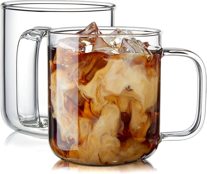 Glass Coffee Mugs, 14 oz iced coffee cups, Clear Tea Cups Set of 2, Glass Mugs with Handles, Glass Cups for Latte, Cappuccino, and Tea by BWODYAY