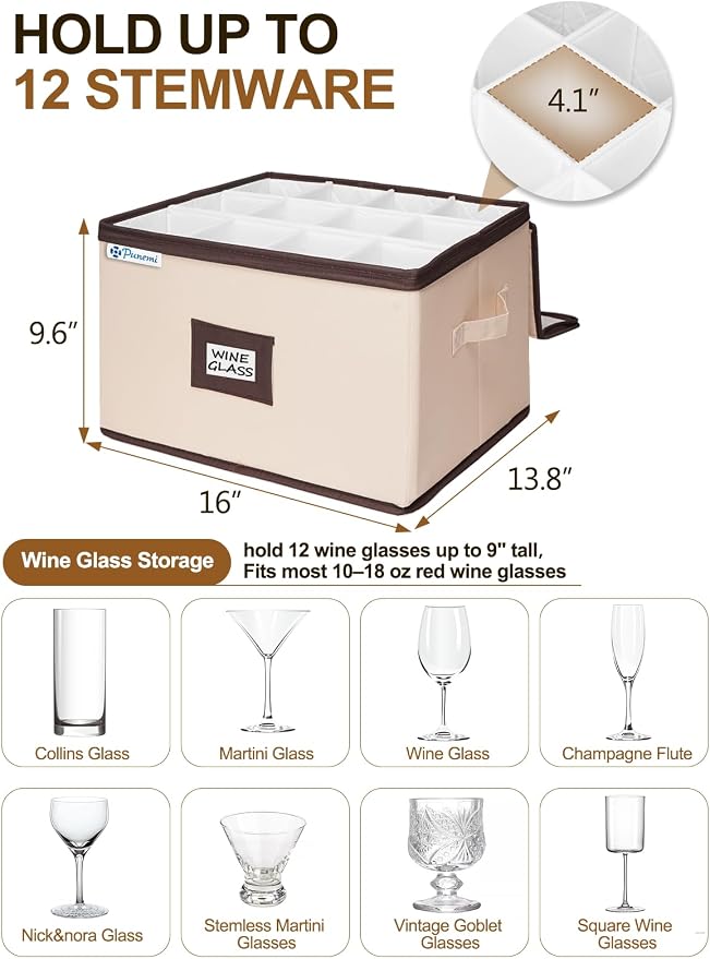 punemi 6-Piece Hard Shell China Storage Containers with Dividers, Stackable Dinnerware Storage Boxes for Plates, Mugs & Cup Organizer, Wine Glass Storage Boxes, Moving Boxes for Stemware, Beige - Image 3