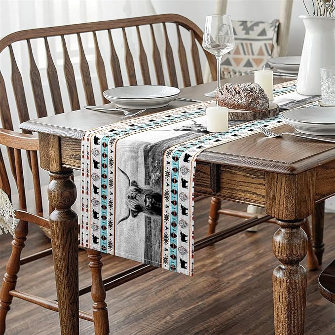 jejeloiu Highland Cow Home Decor for Living Room Dresser Scarfs Dresser Runners Western Table Runner Boho Western Seasonal Vintage Exotic Table Decoration for Kitchen Dinning 13" x 108" - Image 4