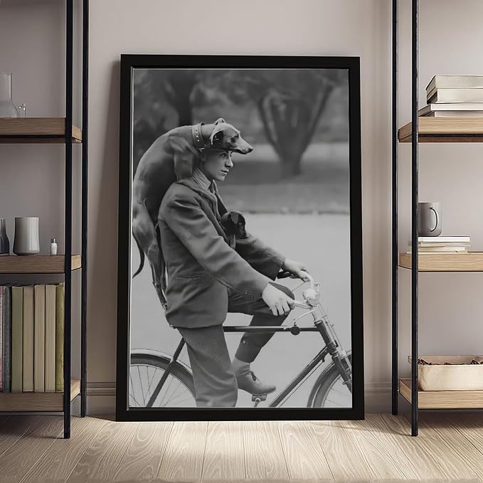 UXCBIA Man on Bike With Two Dogs Portrait, Vintage Dachshund, Black And White, Old Photography Poster Canvas Poster Bedroom Decor Sports Landscape Office Room Decor Gift Black Frame 08x12in(20x30cm) - Image 4