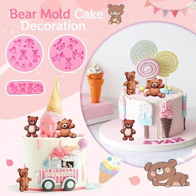 MEMOVAN Bear Silicone Fondant Mold 3pcs Bears Candy Chocolate Molds For Teddy Bear Cake Decoration Cupcake Topper Polymer Clay Resin Epoxy Gum Paste Mold - Image 2