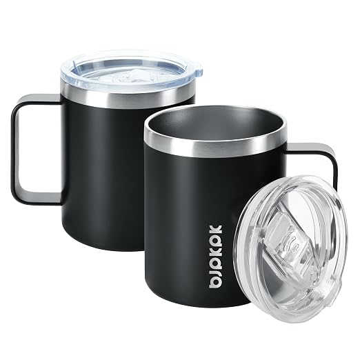 BJPKPK 2PCS Insulated Coffee Mug with Lid, 14oz Stainless Steel Tumbler | Travel Coffee Mug with Handle, Vacuum Insulated Tumbler Cup for Camping, Office, Home, BPA Free Lid, Hot & Cold by BJPKPK