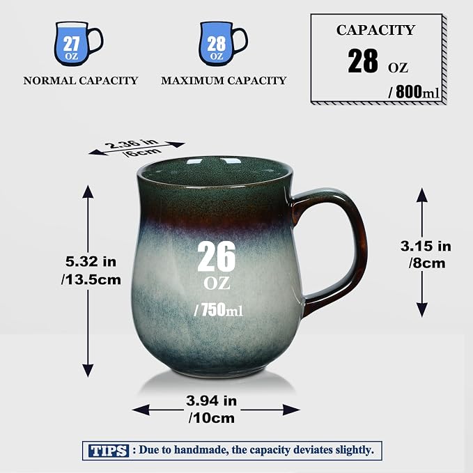 28 Oz Extra Large Ceramic Coffee Mug with Big Handle(Ink Green) | Handmade Glazed Oversized Tea Cup for Office and Home, Microwave and Dishwasher Safe, Mug for Hot and Cold Drinking - Image 2