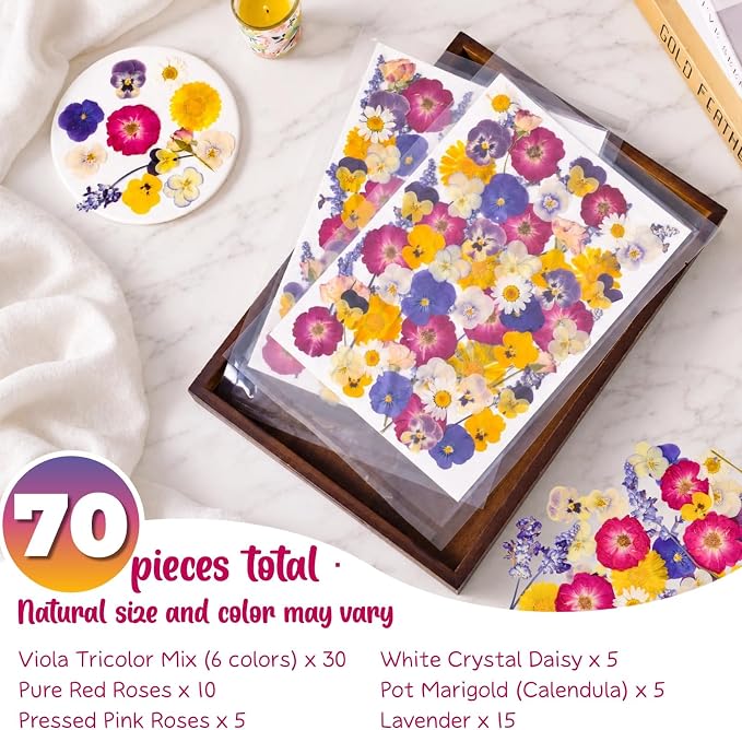 70-Piece Edible Pressed Flowers, 11-Kind Cake Topper and Cocktail Mix | Food-grade Flowers, viola, rose, lavender, calendula and daisy for cocktails, desserts, garnishes and crafts. - Image 4