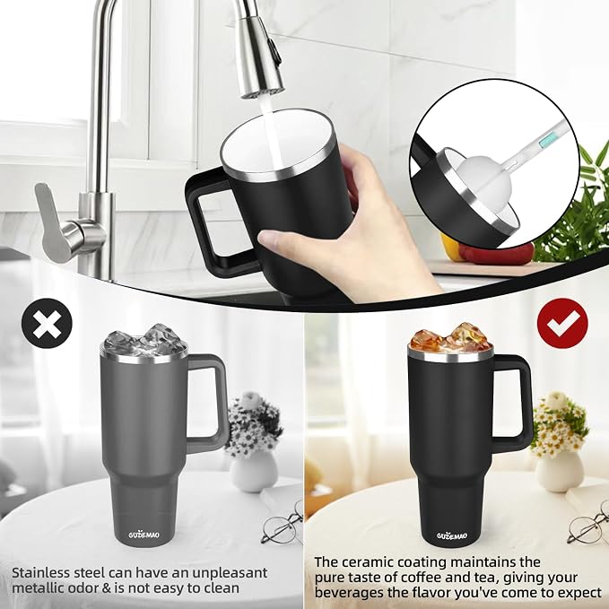 40 oz Insulated Coffee Mug with Ceramic Coating, Stainless Steel Travel Coffee Tumbler with Handle Lid and Straw, Double Wall Leak-Proof Coffee Travel Mug Keeps Drink Hot and Cold (Black) - Image 5